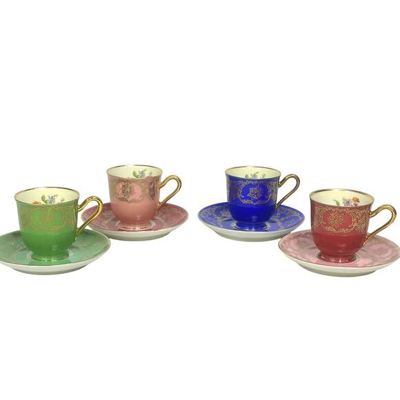 Bavaria Tirschenreuth PT Germany Demitasse Cobalt Green Rose Pink Cup Saucers 4 - Picture 1 of 15